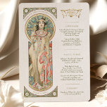 Luxus Menu Wedding Art Nouveau by Mucha Invitation<br><div class="desc">Add a touch of elegance and sophistication to your wedding reception with this Art Nouveau Wedding Menu. The watercolor artwork features one of Mucha's Muses holding a glass of champagne, creating a sense of luxury and celebration. The Art Nouveau style is characterized by its flowing lines and floral motifs, making...</div>