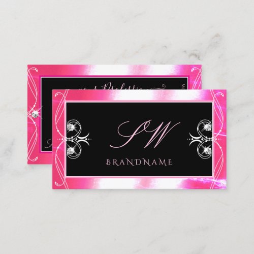 Luxuy Black Pink Sparkle Jewels Ornaments Monogram Business Card