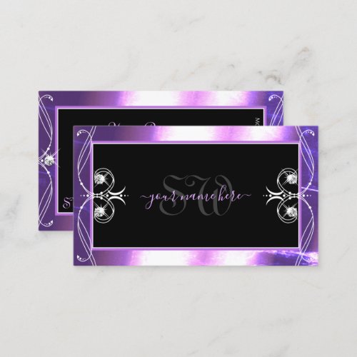Luxuy Ornate Black Purple Sparkle Jewels Initials Business Card