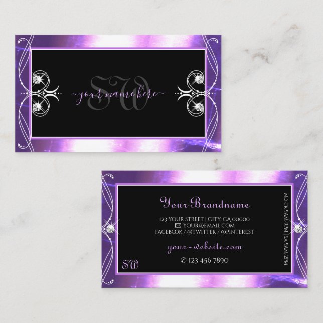 Luxuy Ornate Black Purple Sparkle Jewels Initials Business Card (Front/Back)