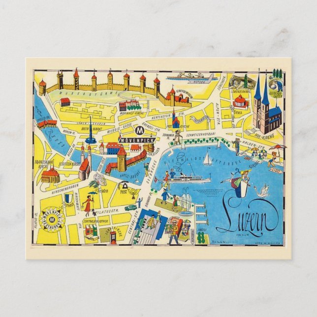 Luzerne Switzerland Colorful Map Postcard (Front)