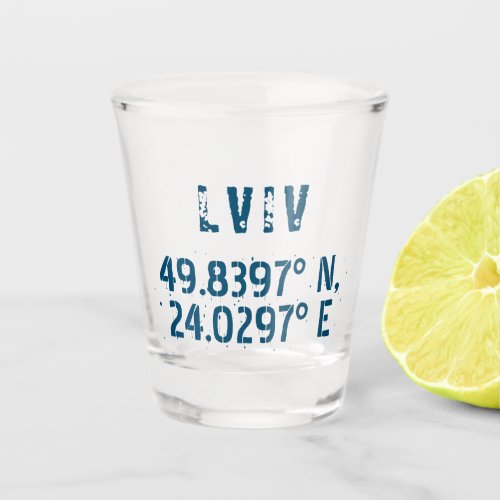 Lviv Ukraine Latitude  Longitude Distressed  Shot Glass