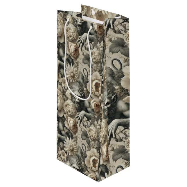 Lycanthropic Splendor – Gothic Werewolf Floral  Wine Gift Bag (Front Angled)