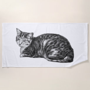 Lying Tabby Cat Monochrome Beach Towel