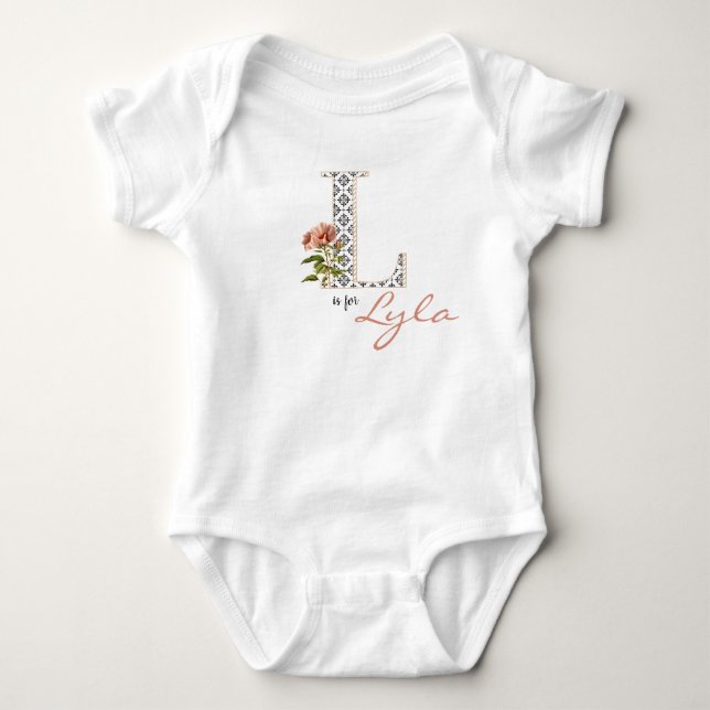 Lyla Name Reveal Floral Letter L Girl Whimsical Baby Bodysuit (Front)
