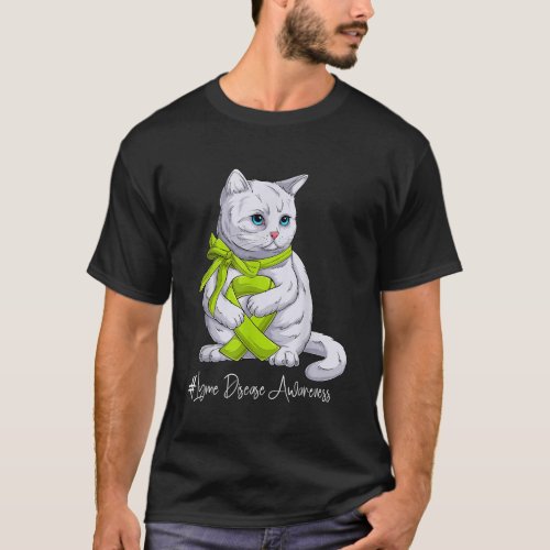 Lyme Disease Awareness Month Lime Green Ribbon Cat T_Shirt