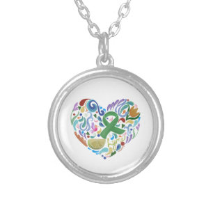 Lyme Disease Heart, Green Ribbon Locket Silver Plated Necklace