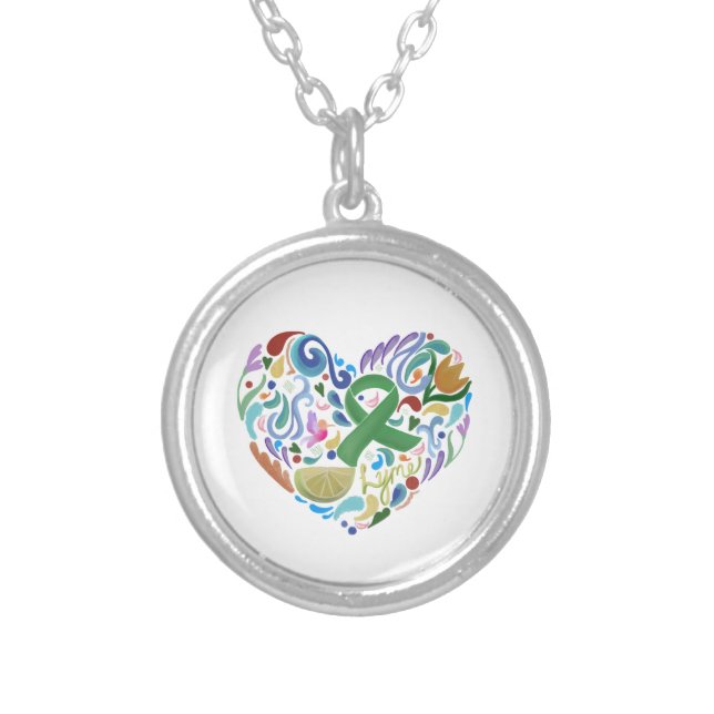 Lyme Disease Heart, Green Ribbon Locket Silver Plated Necklace (Front)