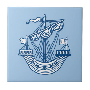 Lymphad (Heraldic Ship) - Indigo Style Blue Ceramic Tile