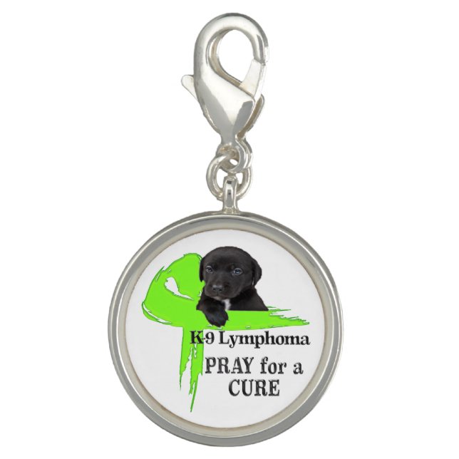 Lymphoma Green Ribbon Puppy Dog Design Charm (Front)