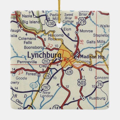 Lynchburg VA Vintage Map Ceramic Ornament