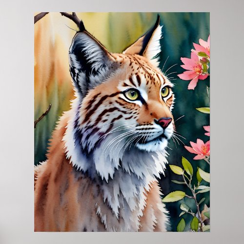 Lynx Art Floral Forest Watercolor Poster