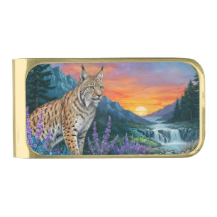 Lynx at sunrise by waterfall gold finish money clip