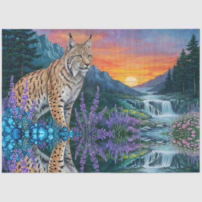 Lynx at sunrise by waterfall tissue paper (Front)