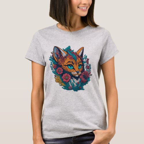 Lynx Bobcat Art with Exotic Flowers T_Shirt