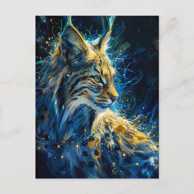lynx bobcat bathed in blue yellowish neon light postcard (Front)