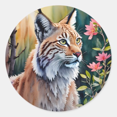 Lynx Floral Forest Watercolor Art Classic Round Sticker
