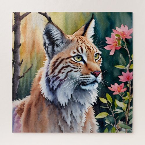 Lynx Floral Forest Watercolor Art Jigsaw Puzzle