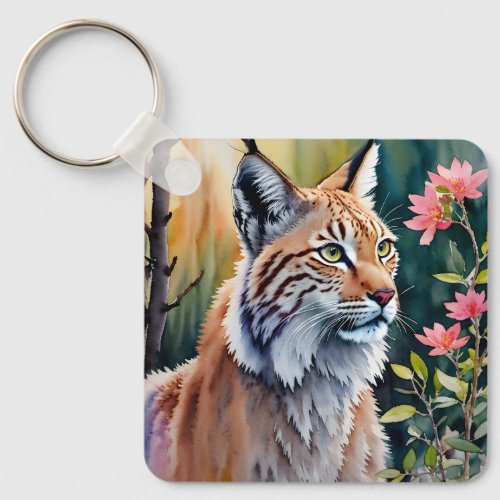 Lynx Floral Forest Watercolor Art Keychain