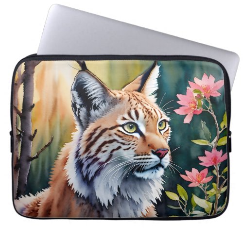 Lynx Floral Forest Watercolor Art Laptop Sleeve