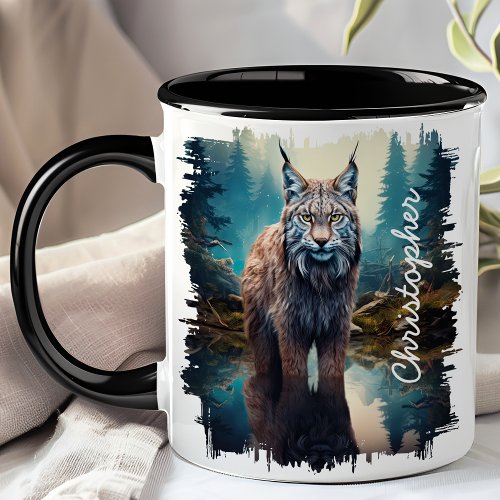 Lynx in Forest Lake Reflection Mug