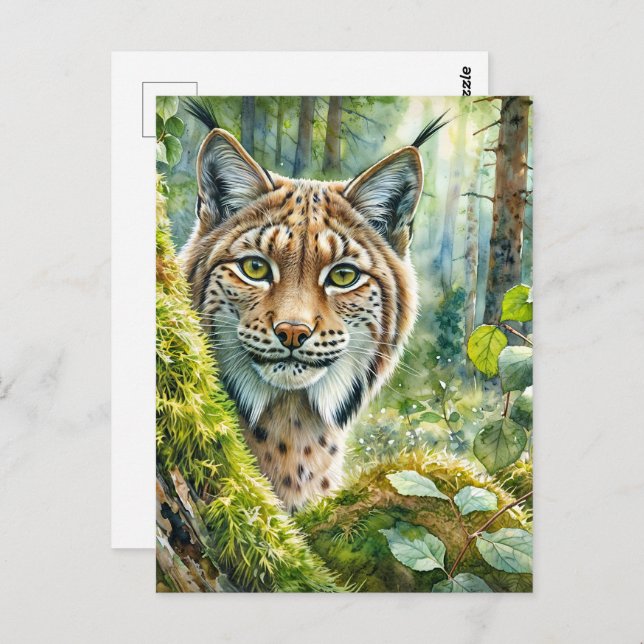 Lynx in Lush Green Forest Watercolor Postcard (Front/Back)