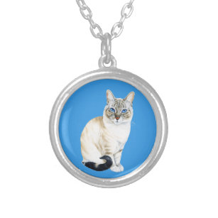 Lynx Point Siamese Cat Cute Watercolor Painting Silver Plated Necklace