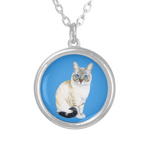 Lynx Point Siamese Cat Cute Watercolor Painting Silver Plated Necklace