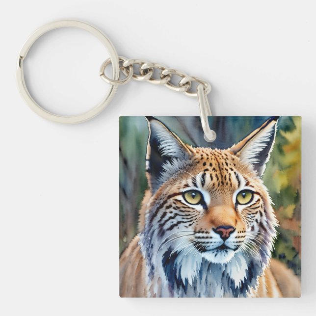 Lynx Portrait Watercolor Feline Art Keychain (Front)