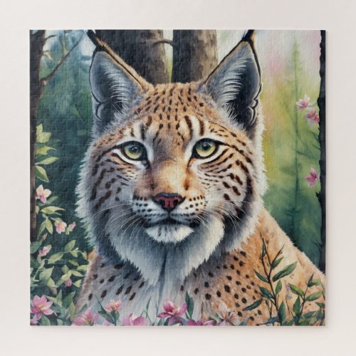 Lynx Watercolor Artwork Floral Feline Jigsaw Puzzle