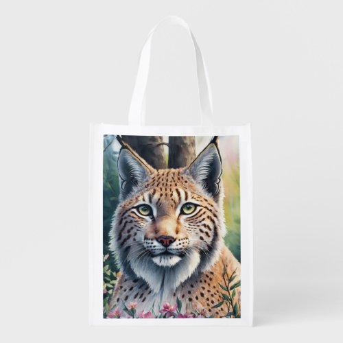 Lynx Watercolor Floral Painting Grocery Bag