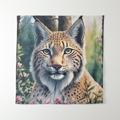 Lynx Watercolor Forest Art Tapestry