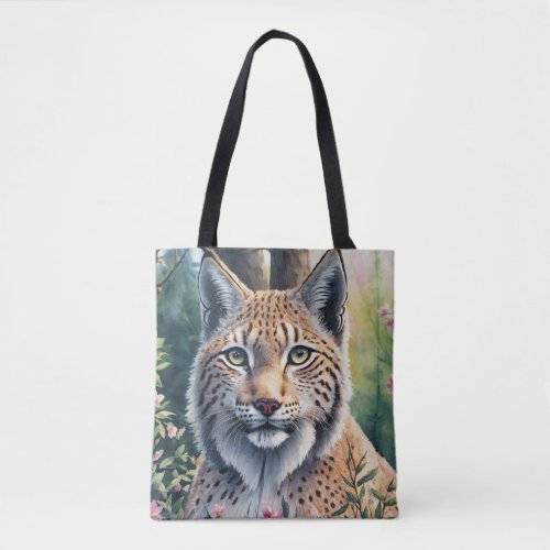 Lynx Watercolor Painting Floral Art Tote Bag
