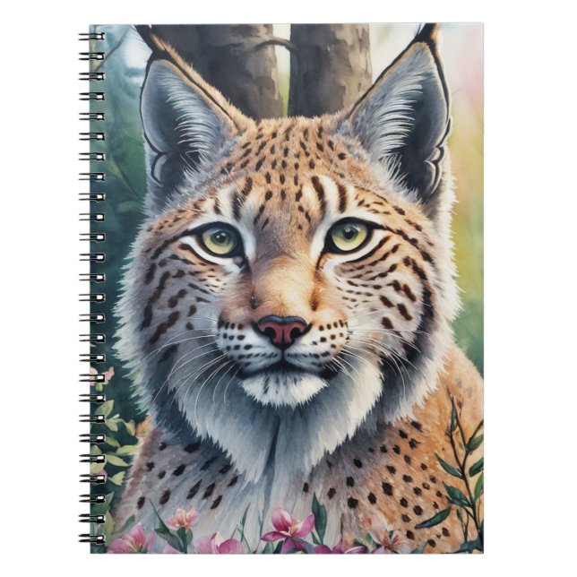 Lynx Watercolor Painting Floral Artwork Notebook (Front)
