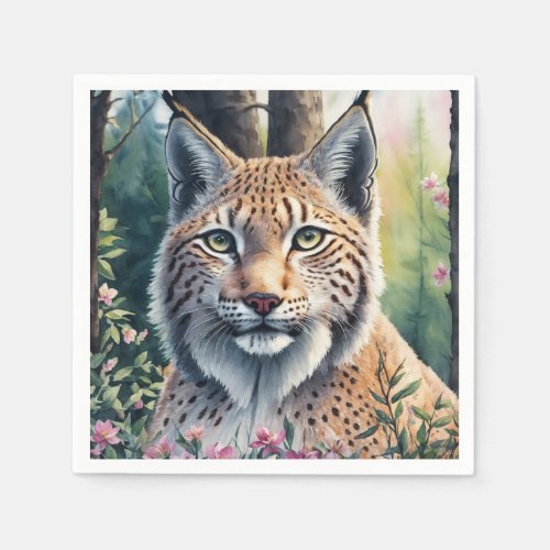Lynx Watercolor Painting Floral Feline Art Napkins