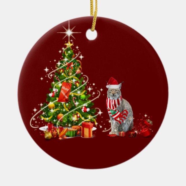 Lynx With Hat Scafts  Christmas Ceramic Ornament (Front)