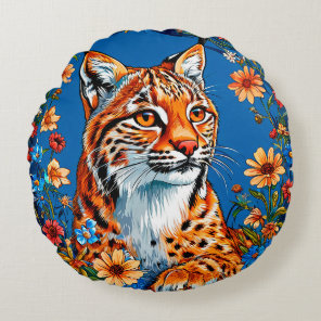 Lynx with vibrant orange fur round pillow