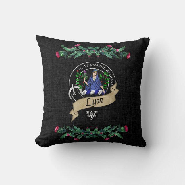 Lyon Clan Badge & Tartan Thistle Throw Pillow (Front)