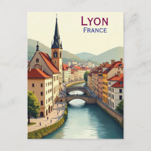 Lyon France Art vintage travel illustration Postcard