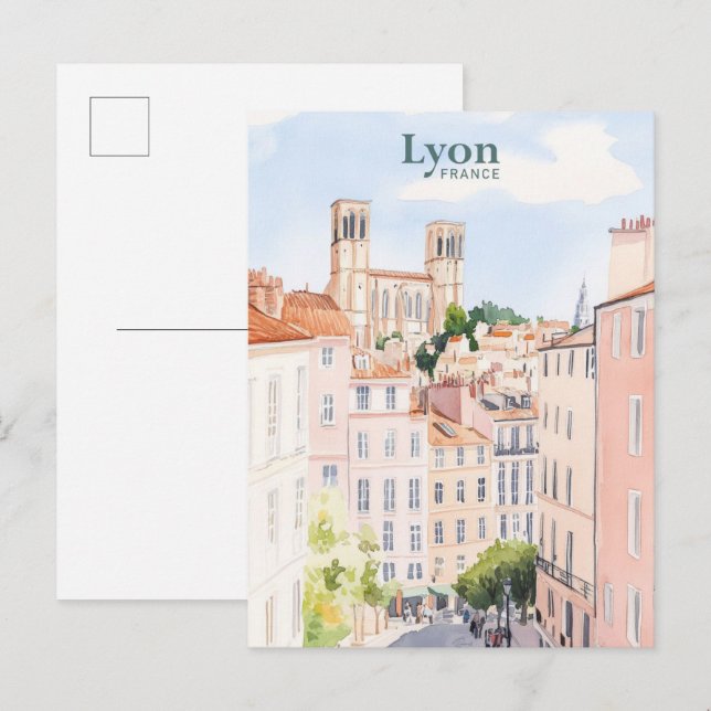 Lyon France Gouache Paint Illustration Travel Postcard (Front/Back)