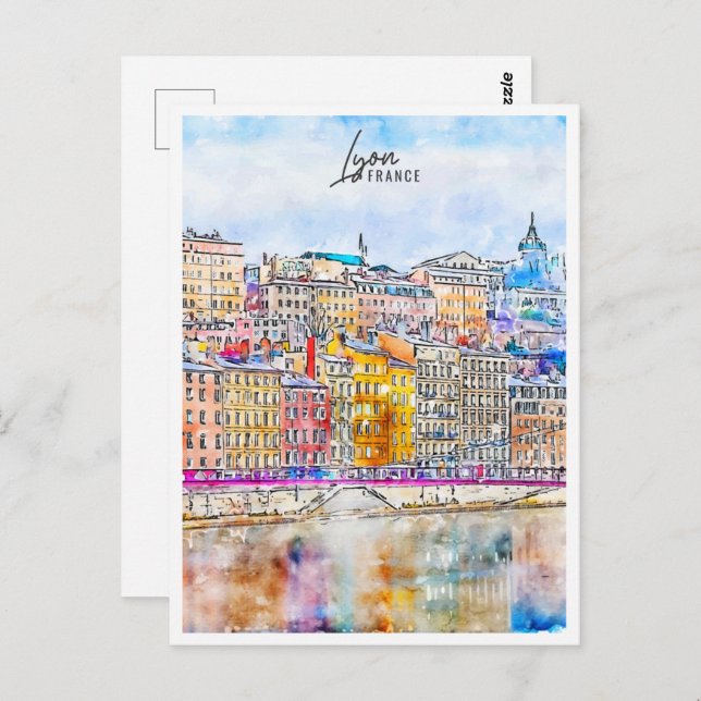 Lyon France Travel Place Watercolor Postcard (Front/Back)
