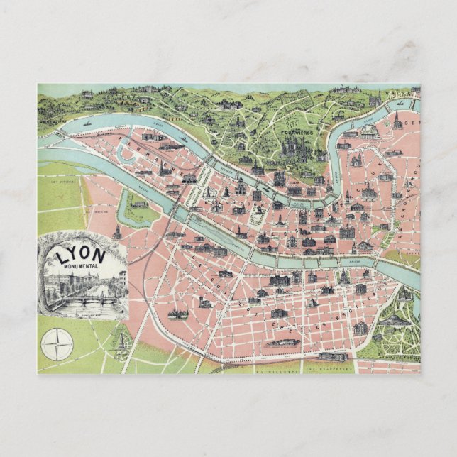Lyon Monumental Map Garnier Freres Paris 1894 Postcard (Front)