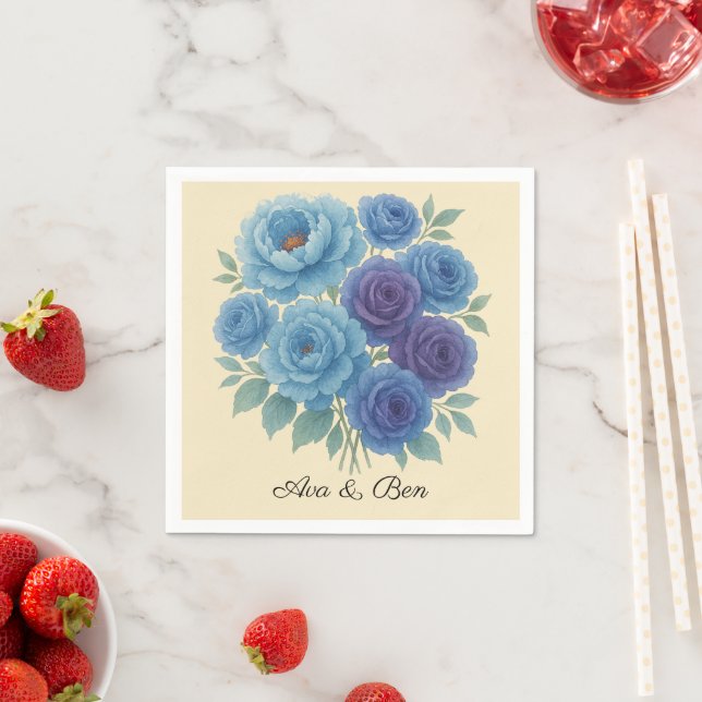 Lyons Blue Peony and Fig Purple Rose Wedding Napkins (Insitu)