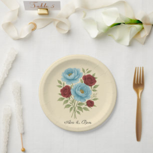 Lyons Blue Peony and Fig Purple Rose Wedding Paper Plates