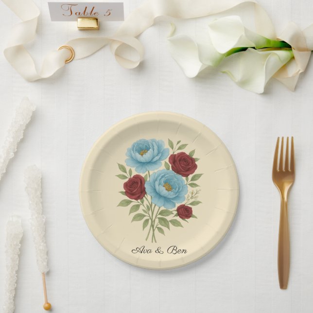 Lyons Blue Peony and Fig Purple Rose Wedding Paper Plates (Wedding)