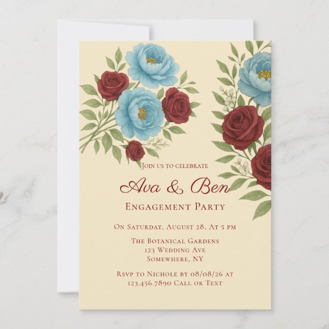 Lyons Blue Peony & Red Roses Engagement Party Invitation (Front)