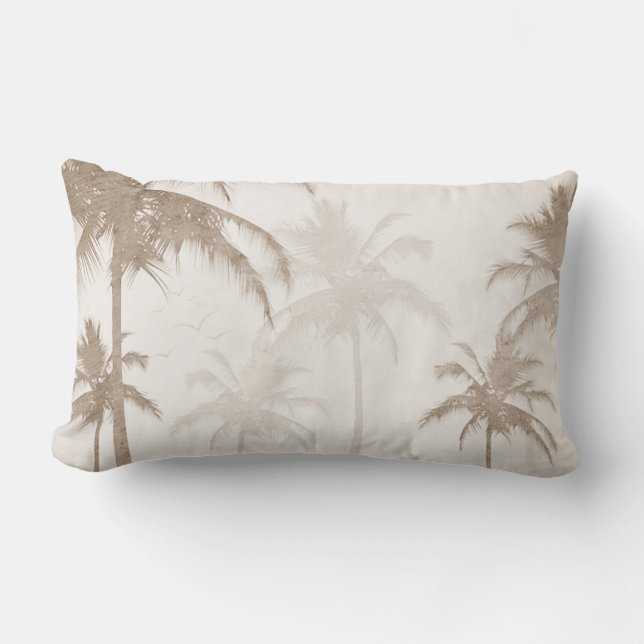 Lyrical Vintage Sepia Tropical Palms Birds Lumbar Pillow (Front)