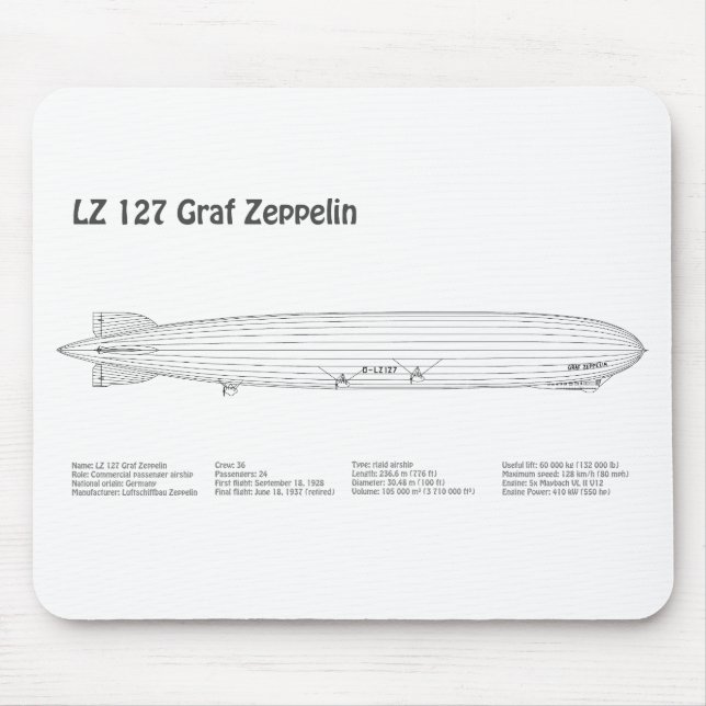 LZ 127 Graf Zeppelin - Airship Blueprint Plans BD Mouse Pad (Front)