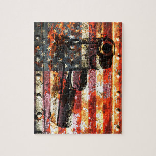 M1911 Silhouette On Rusted American Flag Jigsaw Puzzle