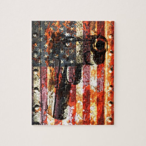M1911 Silhouette On Rusted American Flag Jigsaw Puzzle